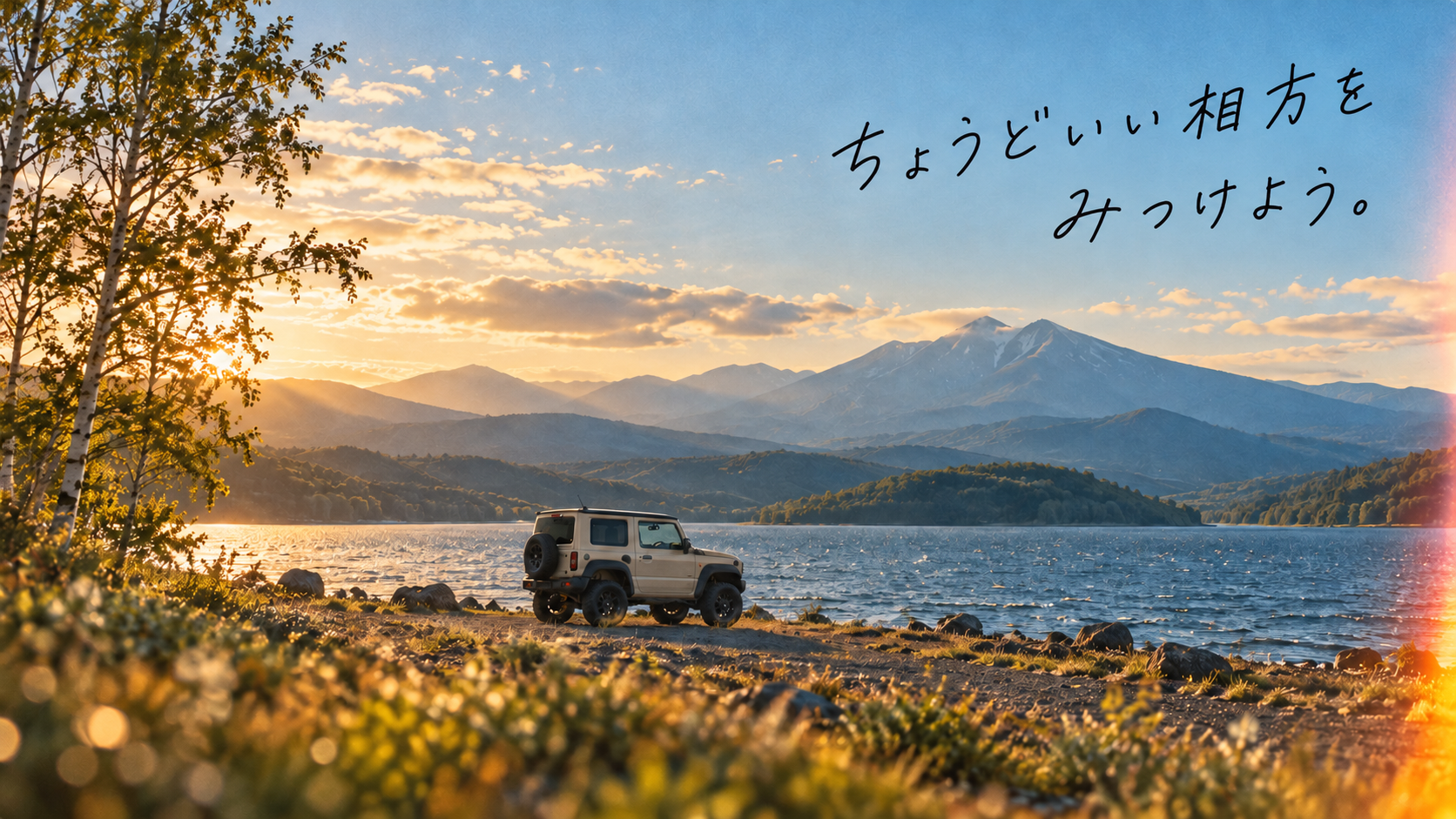 湖と山並みを望むジムニーシエラの風景。ちょうどいい相方をみつけよう。